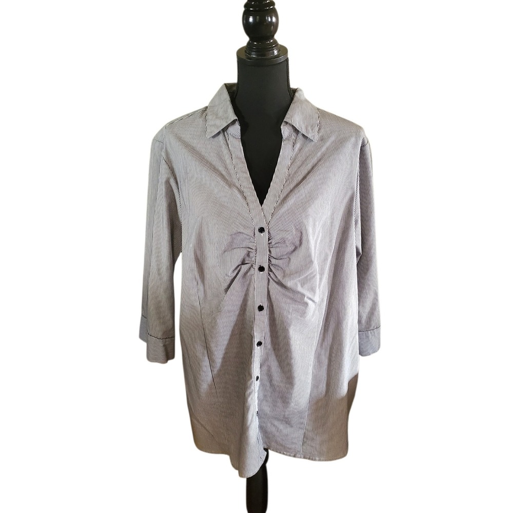 Avenue Womens Plus Size 18/20 Striped Ruched Button Front Tunic Top 3/4 Sleeve